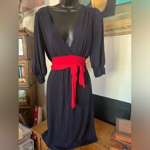 Elegant Navy Dress with Red Sash